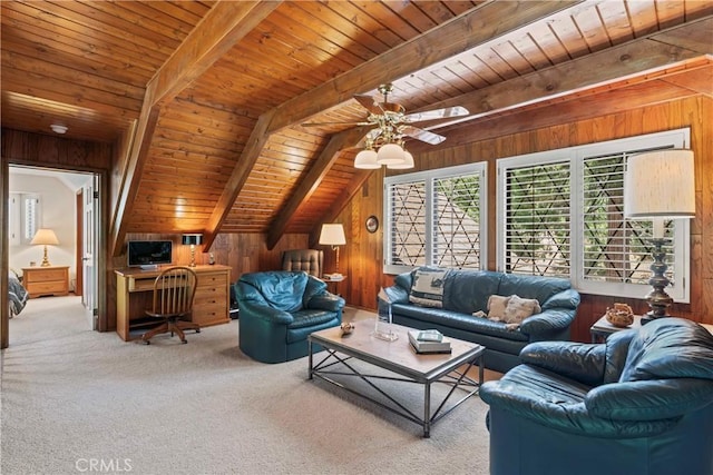 524 Golf Course Rd, Lake Arrowhead, CA 92352 - carpeted living area featuring wood walls, wood ceiling, ceiling fan, and an office area