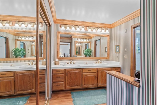 524 Golf Course Rd, Lake Arrowhead, CA 92352 - full bathroom with double vanity, crown molding, wood finished floors, and wallpapered walls