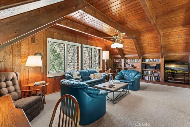 524 Golf Course Rd, Lake Arrowhead, CA 92352 - living room featuring wood walls, wood ceiling, carpet floors, and ceiling fan