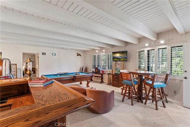524 Golf Course Rd, Lake Arrowhead, CA 92352 - playroom with carpet flooring, healthy amount of natural light, beamed ceiling, and billiards table