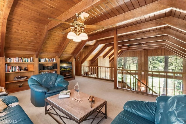 524 Golf Course Rd, Lake Arrowhead, CA 92352 - carpeted living room featuring wood ceiling, a ceiling fan, and wood walls