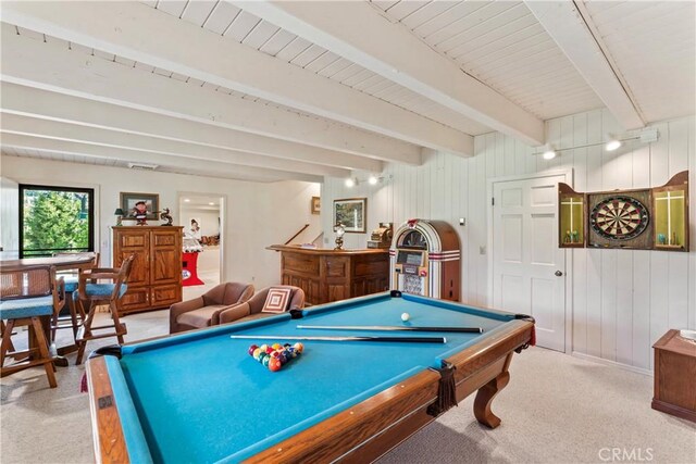 524 Golf Course Rd, Lake Arrowhead, CA 92352 - playroom featuring carpet flooring, billiards table, beamed ceiling, bar, and wooden walls