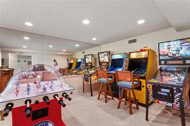 524 Golf Course Rd, Lake Arrowhead, CA 92352 - recreation room with carpet flooring, a textured ceiling, and recessed lighting