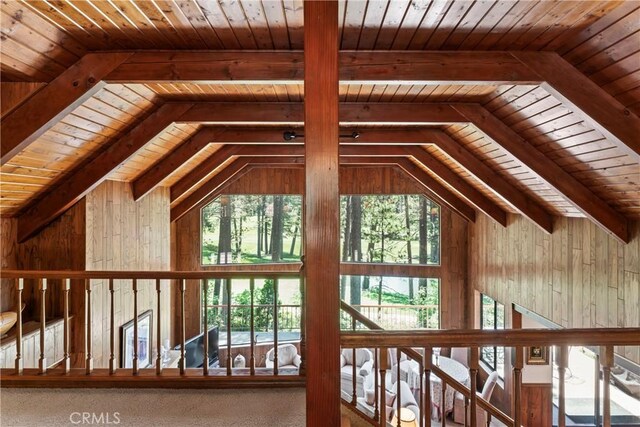 524 Golf Course Rd, Lake Arrowhead, CA 92352 - detailed view of wood ceiling with exposed beams and wood walls