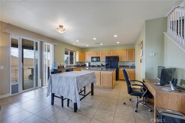 13324 Morningside St, Hesperia, CA 92344 - kitchen with black appliances, light brown cabinets, light tile patterned flooring, recessed lighting, and a desk