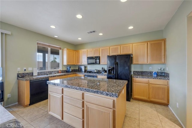 13324 Morningside St, Hesperia, CA 92344 - kitchen featuring black appliances, light brown cabinetry, light tile patterned flooring, recessed lighting, and a center island