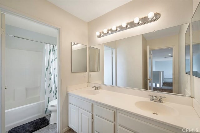 13324 Morningside St, Hesperia, CA 92344 - full bath featuring double vanity, toilet, and shower / bath combo with shower curtain
