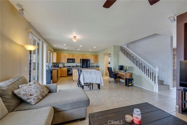 13324 Morningside St, Hesperia, CA 92344 - living room featuring light tile patterned flooring, stairs, a ceiling fan, and recessed lighting