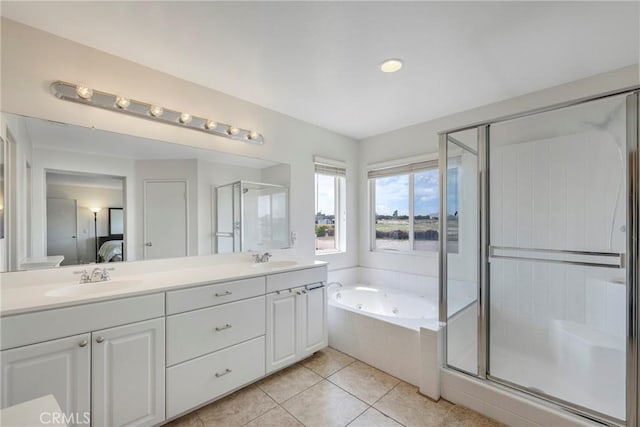 13324 Morningside St, Hesperia, CA 92344 - bathroom with double vanity, a whirlpool tub, a stall shower, and tile patterned floors