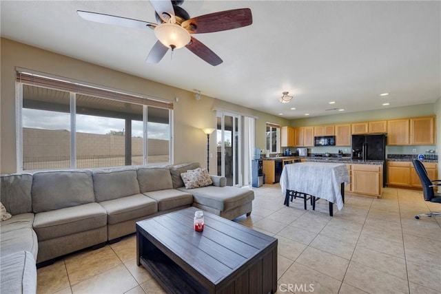 13324 Morningside St, Hesperia, CA 92344 - living room featuring healthy amount of natural light, light tile patterned floors, ceiling fan, and recessed lighting