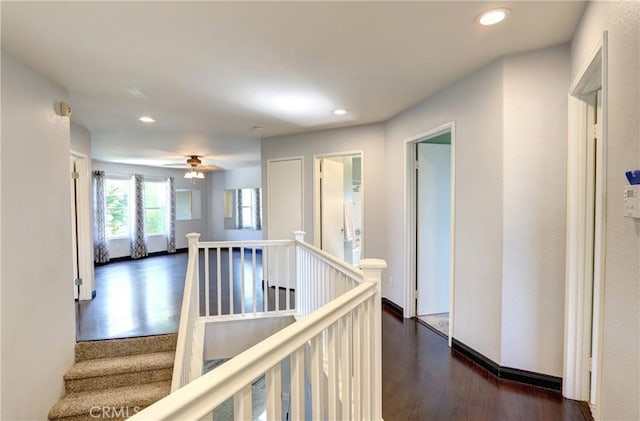 19068 Sunflower Pl, Riverside, CA 92508 - hall featuring an upstairs landing, dark wood finished floors, and recessed lighting
