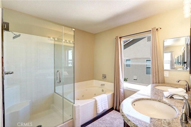 19068 Sunflower Pl, Riverside, CA 92508 - bathroom featuring a stall shower, a whirlpool tub, and double vanity