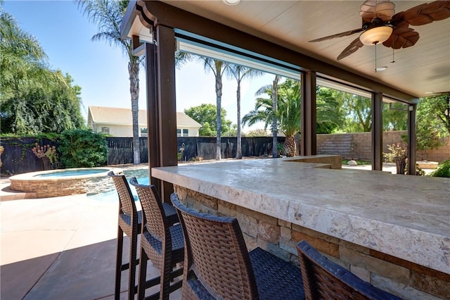 19068 Sunflower Pl, Riverside, CA 92508 - fenced backyard with ceiling fan, a patio, and a pool with connected hot tub