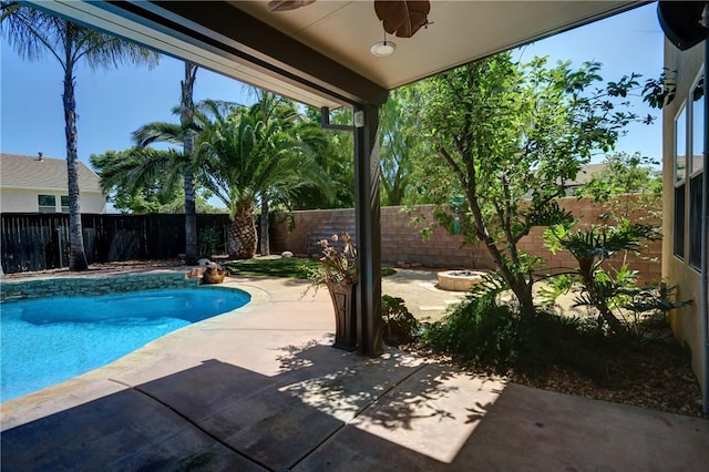 19068 Sunflower Pl, Riverside, CA 92508 - view of pool featuring a ceiling fan, a fenced backyard, and a patio area
