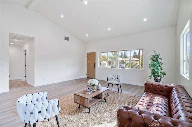 2536 Cotner Ave, Los Angeles, CA 90064 - living room featuring plenty of natural light, light wood-style floors, recessed lighting, high vaulted ceiling, and beamed ceiling
