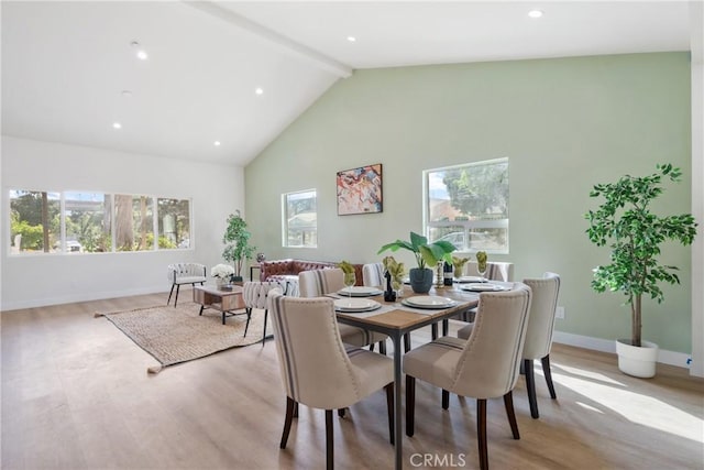 2536 Cotner Ave, Los Angeles, CA 90064 - dining room featuring high vaulted ceiling, beamed ceiling, light wood finished floors, and recessed lighting