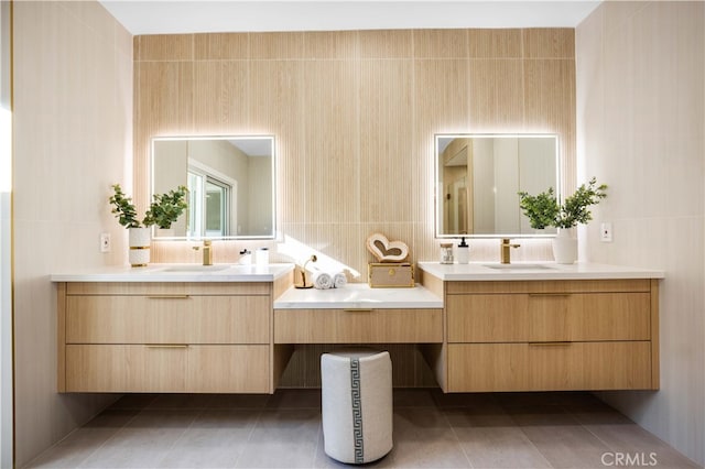 29805 Knoll View Dr, Rancho Palos Verdes, CA 90275 - full bath featuring tile walls, two vanities, tile patterned floors, and backsplash