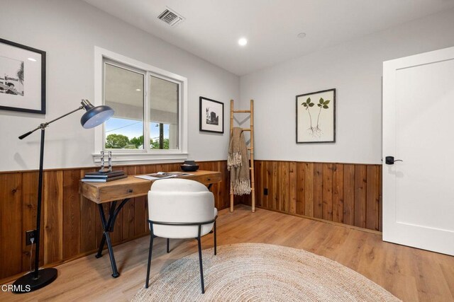 845 Rollin St, South Pasadena, CA 91030 - office with a wainscoted wall, wooden walls, wood finished floors, and recessed lighting