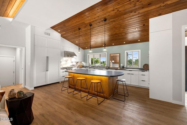 845 Rollin St, South Pasadena, CA 91030 - kitchen featuring under cabinet range hood, wood ceiling, a kitchen bar, dark countertops, and an island with sink
