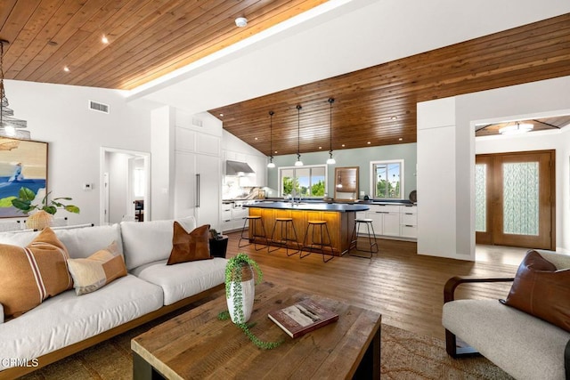 845 Rollin St, South Pasadena, CA 91030 - living area with wood ceiling, dark wood finished floors, and recessed lighting