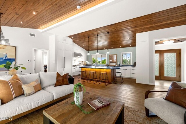 845 Rollin St, South Pasadena, CA 91030 - living area with wood ceiling, dark wood finished floors, and recessed lighting