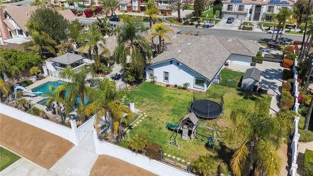 1042 Coronet Dr, Riverside, CA 92506 - aerial perspective of suburban area featuring a pool