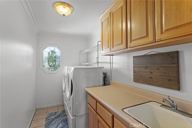1042 Coronet Dr, Riverside, CA 92506 - laundry room with separate washer and dryer, cabinet space, ornamental molding, and light tile patterned flooring