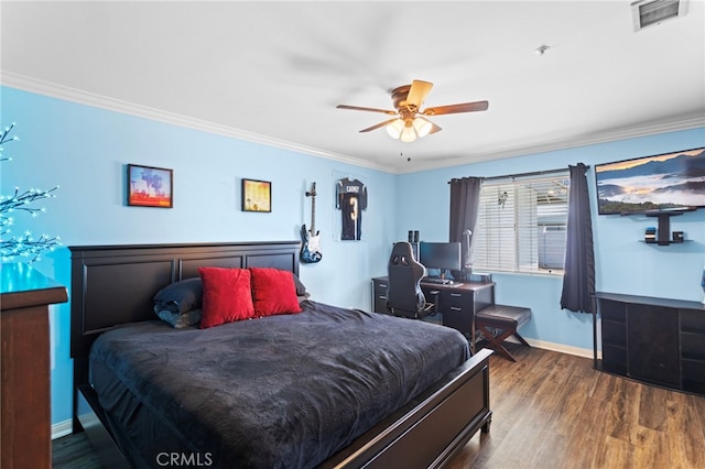 1042 Coronet Dr, Riverside, CA 92506 - bedroom with wood finished floors, ornamental molding, and a ceiling fan