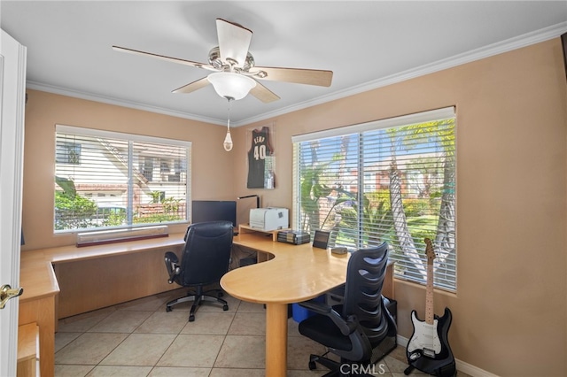 1042 Coronet Dr, Riverside, CA 92506 - home office featuring crown molding, light tile patterned floors, and ceiling fan