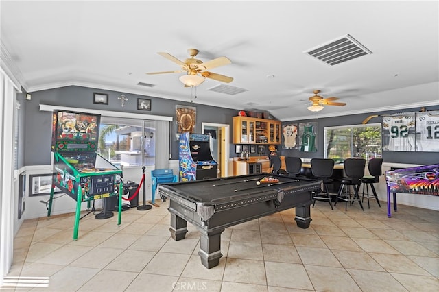1042 Coronet Dr, Riverside, CA 92506 - game room with a ceiling fan, crown molding, billiards table, tile patterned floors, and lofted ceiling
