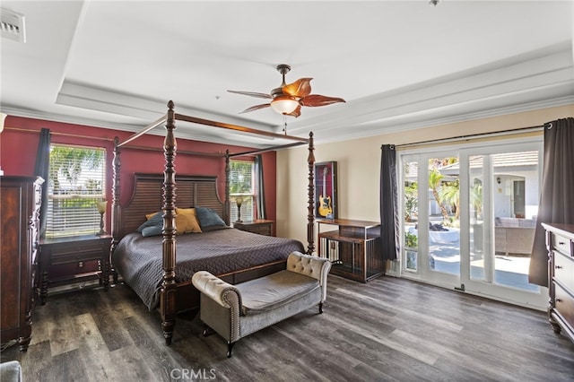 1042 Coronet Dr, Riverside, CA 92506 - bedroom with dark wood-style flooring, crown molding, access to outside, a raised ceiling, and a ceiling fan