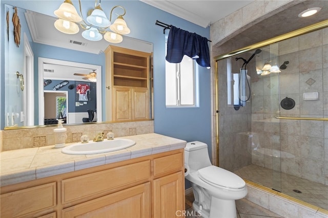1042 Coronet Dr, Riverside, CA 92506 - full bathroom with vanity, crown molding, a shower stall, a ceiling fan, and tile patterned floors