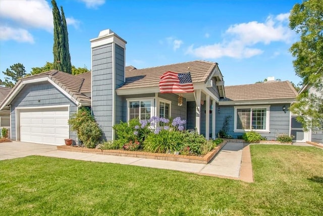 26010 Coronado Ct, Valencia, CA 91355 - view of front of house featuring a garage, a front yard, concrete driveway, a chimney, and a tiled roof