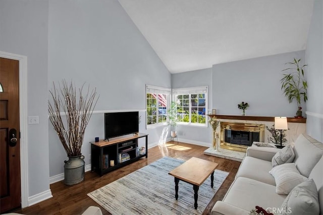 26010 Coronado Ct, Valencia, CA 91355 - living room featuring high vaulted ceiling, wood finished floors, and a premium fireplace