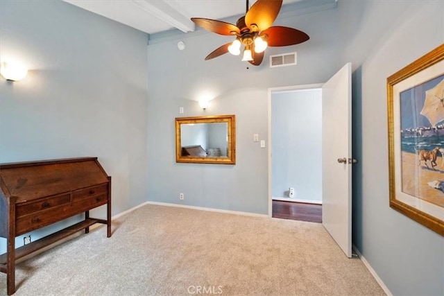 269 Los Padres Ct, Los Osos, CA 93402 - carpeted bedroom with beamed ceiling and a ceiling fan
