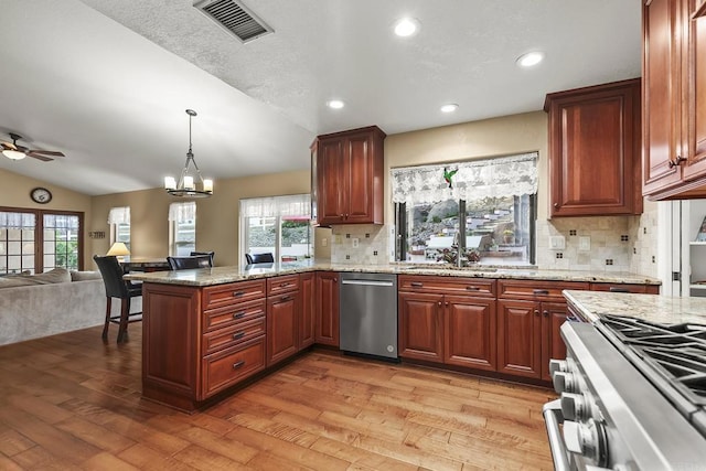 1896 Via Del Torrie, Alpine, CA 91901 - kitchen featuring dishwasher, open floor plan, light wood-style flooring, a peninsula, and tasteful backsplash