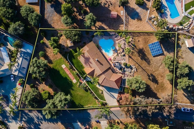 1896 Via Del Torrie, Alpine, CA 91901 - aerial overview of property's location featuring a pool area and property parcel outlined