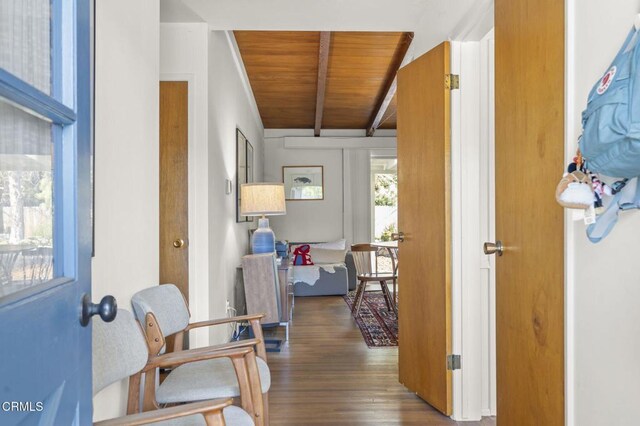 406 Santa Ana St, Ojai, CA 93023 - hall with wood finished floors and a wooden ceiling with exposed beams