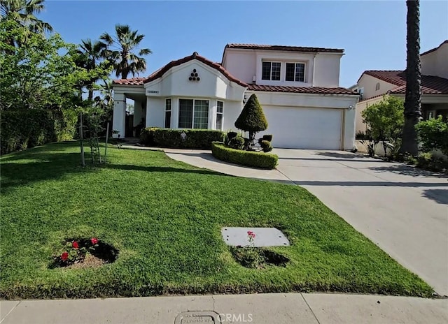 14001 Rabbit Rd, Sylmar, CA 91342 - mediterranean / spanish-style home with a tiled roof, concrete driveway, a front yard, stucco siding, and an attached garage