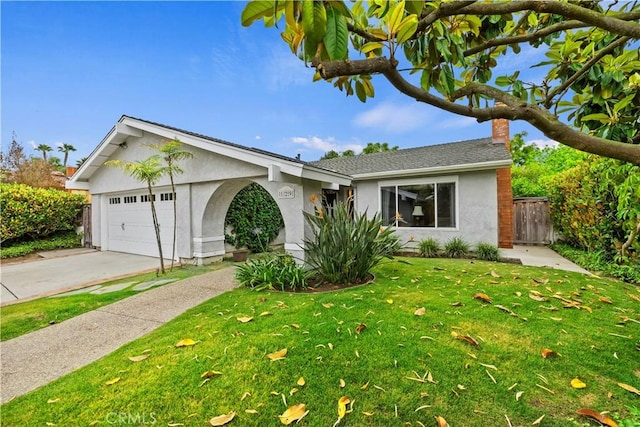 129 Five Crowns Way, Encinitas, CA 92024 - ranch-style home with stucco siding, an attached garage, concrete driveway, and a chimney