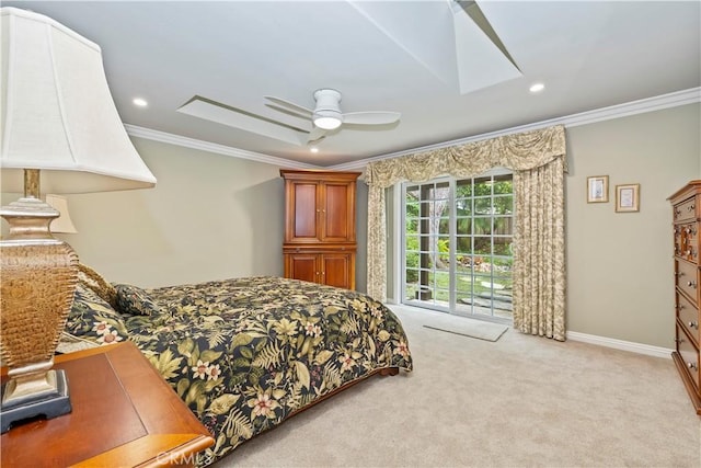 129 Five Crowns Way, Encinitas, CA 92024 - bedroom featuring crown molding, carpet, access to outside, recessed lighting, and a ceiling fan