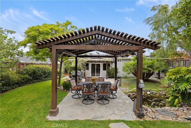 129 Five Crowns Way, Encinitas, CA 92024 - fenced backyard featuring a pergola, a patio area, and outdoor dining space