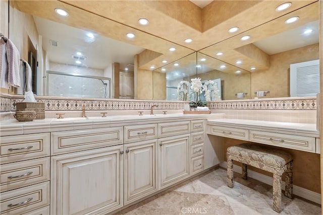 129 Five Crowns Way, Encinitas, CA 92024 - bathroom featuring tasteful backsplash, double vanity, a shower stall, and recessed lighting