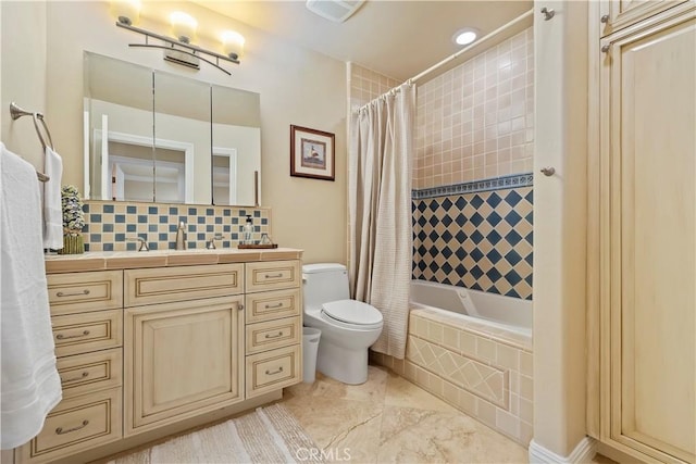 129 Five Crowns Way, Encinitas, CA 92024 - bathroom featuring tiled shower / bath, vanity, tasteful backsplash, and recessed lighting