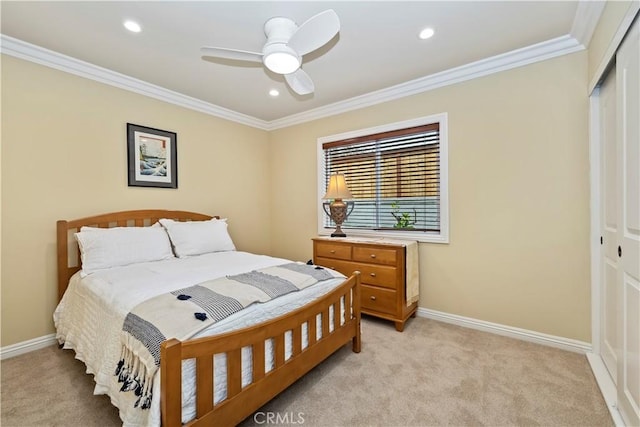129 Five Crowns Way, Encinitas, CA 92024 - bedroom featuring a closet, light colored carpet, crown molding, recessed lighting, and a ceiling fan