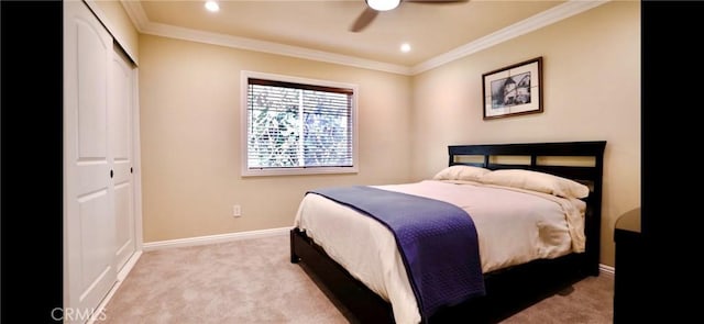 129 Five Crowns Way, Encinitas, CA 92024 - bedroom featuring light colored carpet, ornamental molding, a closet, recessed lighting, and a ceiling fan