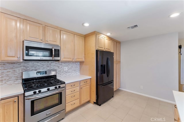 2364 6th St, La Verne, CA 91750 - kitchen featuring appliances with stainless steel finishes, light brown cabinetry, backsplash, and recessed lighting