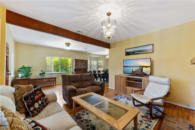 2364 6th St, La Verne, CA 91750 - living area featuring a chandelier, wood finished floors, and beamed ceiling