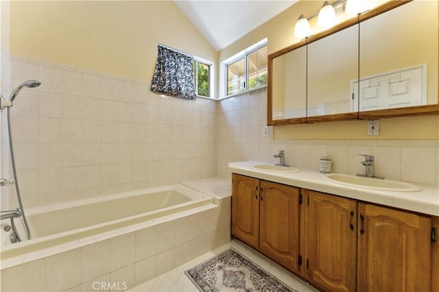 2364 6th St, La Verne, CA 91750 - full bath featuring double vanity, lofted ceiling, tile patterned flooring, and backsplash