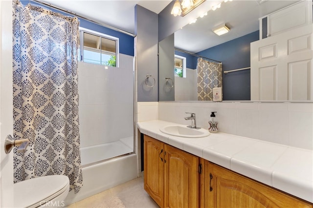 2364 6th St, La Verne, CA 91750 - bathroom with vanity, shower / bath combination with curtain, tile patterned flooring, and decorative backsplash
